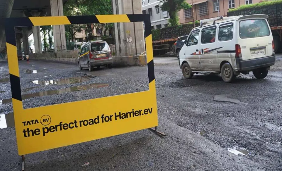 Tata Harrier EV Barricade Ad Sparks Debate Over India’s Pothole Crisis